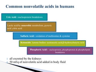 all excreted by the kidneys
50 mEq of nonvolatile acid added in body fluid
Common nonvolatile acids in humans
Sulfuric Acid : oxidation of methionine & cysteine
Phosphoric Acid : nucleoprotein, phosphoprotein & phospholipids
breakdown
Uric Acid : nucleoprotein breakdown
Ketoacids: ketone bodies- acetoacetic acid,β-hydroxybutyric acid
Lactic acid by anaerobic metabolism, pyruvic
acid ,citric acid
 