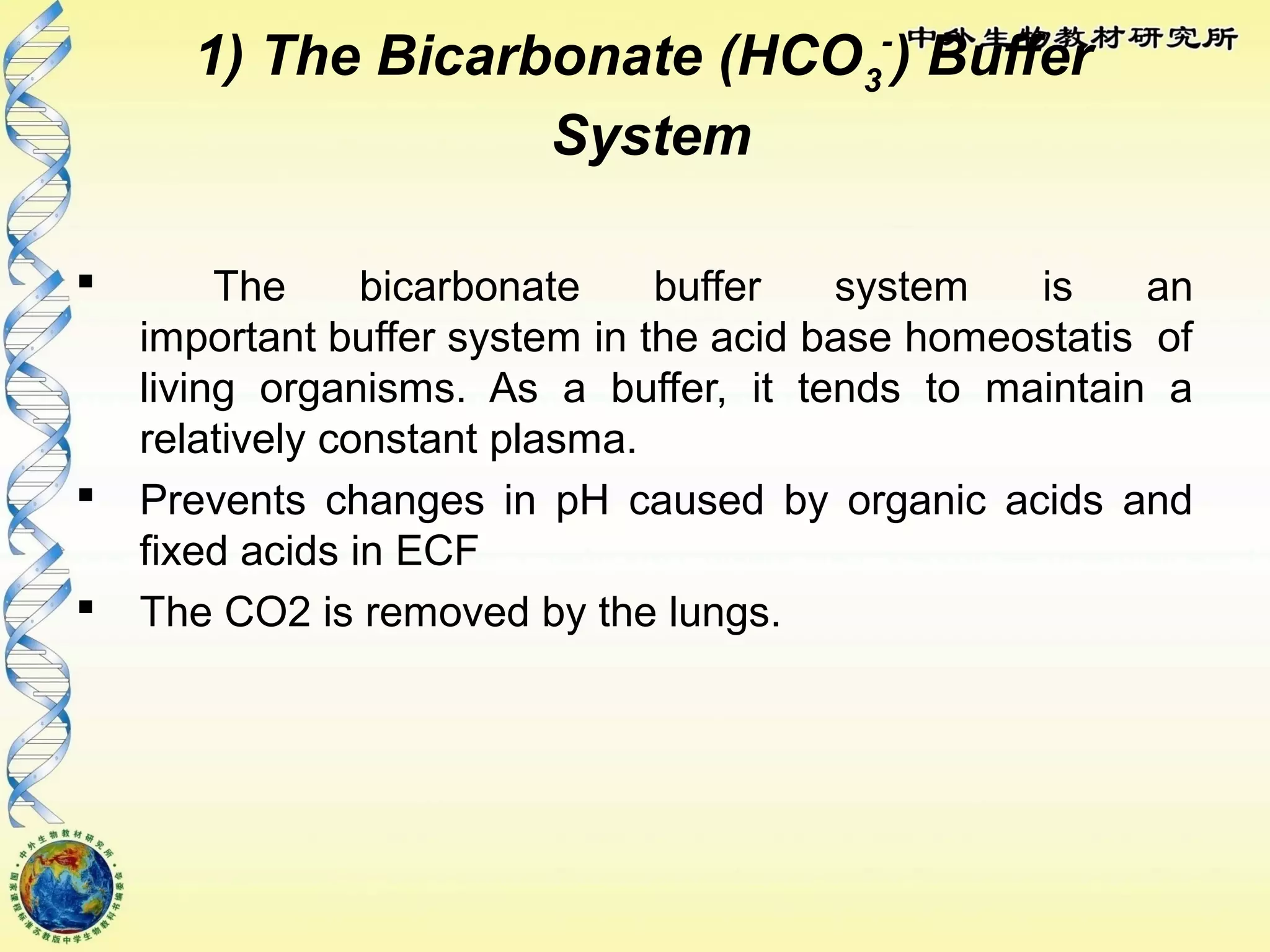 1) The Bicarbonate (HCO3
-
) Buffer
System
 The bicarbonate buffer system is an
important buffer system in the acid base homeostatis of
living organisms. As a buffer, it tends to maintain a
relatively constant plasma.
 Prevents changes in pH caused by organic acids and
fixed acids in ECF
 The CO2 is removed by the lungs.
 