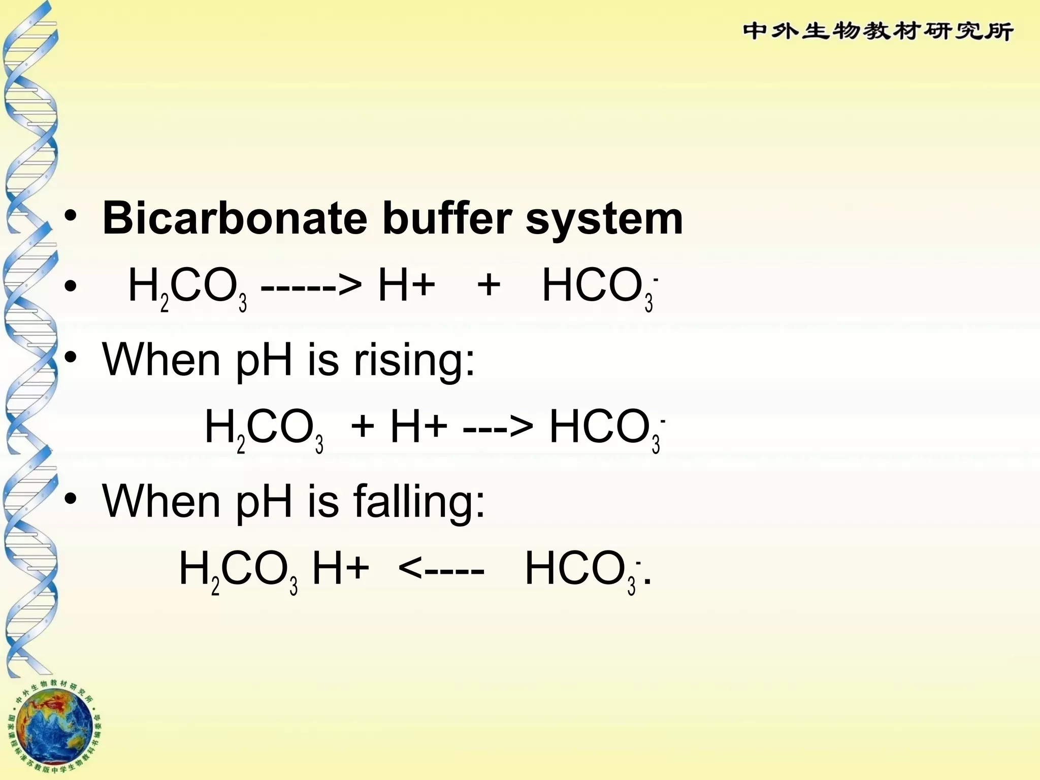 • Bicarbonate buffer system
• H2CO3 -----> H+ + HCO3
-
• When pH is rising:
H2CO3 + H+ ---> HCO3
-
• When pH is falling:
H2CO3 H+ <---- HCO3
-
.
 