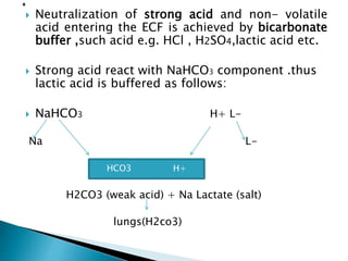  Neutralization of strong acid and non- volatile
acid entering the ECF is achieved by bicarbonate
buffer ,such acid e.g. HCl , H2SO4,lactic acid etc.
 Strong acid react with NaHCO3 component .thus
lactic acid is buffered as follows:
 NaHCO3 H+ L-
Na L-
H2CO3 (weak acid) + Na Lactate (salt)
lungs(H2co3)
HCO3 H+
 