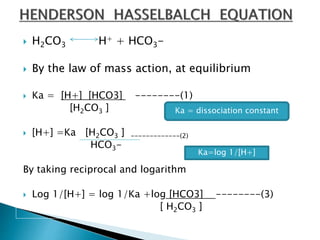  H2CO3 H+ + HCO3-
 By the law of mass action, at equilibrium
 Ka = [H+] [HCO3] --------(1)
[H2CO3 ]
 [H+] =Ka [H2CO3 ] -------------(2)
HCO3-
By taking reciprocal and logarithm
 Log 1/[H+] = log 1/Ka +log [HCO3] --------(3)
[ H2CO3 ]
Ka = dissociation constant
Ka=log 1/[H+]
 