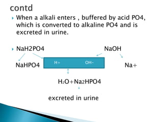  When a alkali enters , buffered by acid PO4,
which is converted to alkaline PO4 and is
excreted in urine.
 NaH2PO4 NaOH
NaHPO4 Na+
H2O+Na2HPO4
excreted in urine
H+ OH-
 