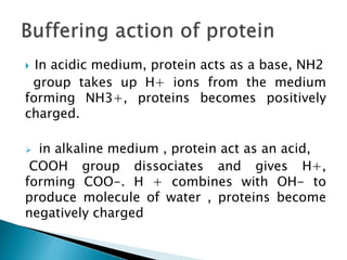  In acidic medium, protein acts as a base, NH2
group takes up H+ ions from the medium
forming NH3+, proteins becomes positively
charged.
 in alkaline medium , protein act as an acid,
COOH group dissociates and gives H+,
forming COO-. H + combines with OH- to
produce molecule of water , proteins become
negatively charged
 
