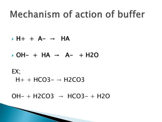  H+ + A- → HA
 OH- + HA → A- + H2O
EX;
H+ + HCO3- → H2CO3
OH- + H2CO3 → HCO3- + H2O
 