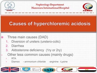  Three main causes (DAD)
1. Diversion of ureters (uretero-colic)
2. Diarrhea
3. Aldosterone deficiency (1ry or 2ry)
– Other less common causes (mainly drugs)
› RTA
› Diamox - ammonium chloride -arginine -Lysine
 