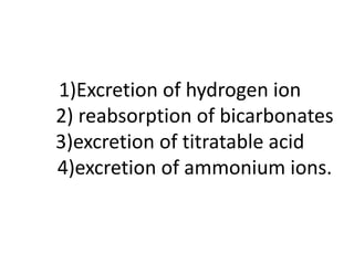 1)Excretion of hydrogen ion
2) reabsorption of bicarbonates
3)excretion of titratable acid
4)excretion of ammonium ions.
 