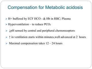 Compensation for Metabolic acidosis
 H+ buffered by ECF HCO - & Hb in RBC; Plasma
 Hyperventilation – to reduce PCO₂
 ↓pH sensed by central and peripheral chemoreceptors
 ↑ in ventilation starts within minutes,well advanced at 2 hours
 Maximal compensation takes 12 – 24 hours
 