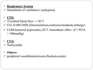 • Respiratory System
 Stimulation of ventilation ( tachypnea)
• CNS:
 ↑Cerebral blood flow→ ↑ICT
 CO₂ NARCOSIS (Disorientation,confusion,headache,lethargy)
 COMA(arterial hypoxemia,↑ICT, Anaesthetic effect of ↑ PCO₂
> 100mmHg)
• CVS:
 Tachycardia
• Others:
 peripheral vasodilatation(warm,flushed,sweaty)
 