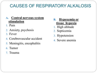 CAUSES OF RESPIRATORY ALKALOSIS
A. Central nervous system
stimulation
1. Pain
2. Anxiety, psychosis
3. Fever
4. Cerebrovascular accident
5. Meningitis, encephalitis
6. Tumor
7. Trauma
B. Hypoxemia or
tissue hypoxia
1. High altitude
2. Septicemia
3. Hypotension
4. Severe anemia
 