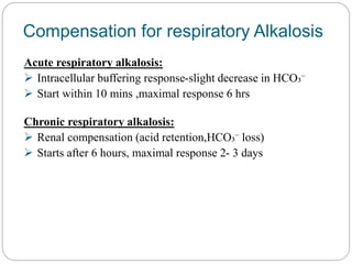 Compensation for respiratory Alkalosis
Acute respiratory alkalosis:
 Intracellular buffering response-slight decrease in HCO₃⁻
 Start within 10 mins ,maximal response 6 hrs
Chronic respiratory alkalosis:
 Renal compensation (acid retention,HCO₃⁻ loss)
 Starts after 6 hours, maximal response 2- 3 days
 