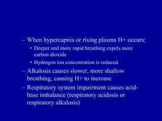– When hypercapnia or rising plasma H+ occurs:
• Deeper and more rapid breathing expels more
carbon dioxide
• Hydrogen ion concentration is reduced
– Alkalosis causes slower, more shallow
breathing, causing H+ to increase
– Respiratory system impairment causes acid-
base imbalance (respiratory acidosis or
respiratory alkalosis)
 
