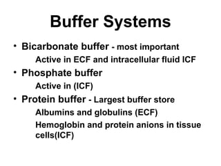 Buffer Systems
• Bicarbonate buffer - most important
Active in ECF and intracellular fluid ICF
• Phosphate buffer
Active in (ICF)
• Protein buffer - Largest buffer store
Albumins and globulins (ECF)
Hemoglobin and protein anions in tissue
cells(ICF)
 