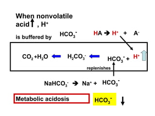 H+H2CO3
-
HCO3
-
+CO2 +H2O
When nonvolatile
acid , H+
is buffered by HCO3
- HA  H+
+ A-
NaHCO3
-
 Na+
+ HCO3
-
replenishes
HCO3
-Metabolic acidosis
 