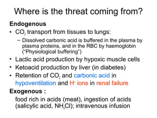 Where is the threat coming from?
Endogenous
• CO2 transport from tissues to lungs:
– Dissolved carbonic acid is buffered in the plasma by
plasma proteins, and in the RBC by haemoglobin
(“Physiological buffering”)
• Lactic acid production by hypoxic muscle cells
• Ketoacid production by liver (in diabetes)
• Retention of CO2 and carbonic acid in
hypoventilation and H+
ions in renal failure
Exogenous :
food rich in acids (meat), ingestion of acids
(salicylic acid, NH4Cl); intravenous infusion
 
