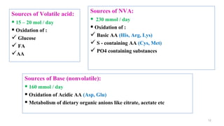 12
Sources of Volatile acid:
 15 – 20 mol / day
 Oxidation of :
 Glucose
 FA
AA
Sources of NVA:
 230 mmol / day
 Oxidation of :
 Basic AA (His, Arg, Lys)
 S - containing AA (Cys, Met)
 PO4 containing substances
Sources of Base (nonvolatile):
 160 mmol / day
 Oxidation of Acidic AA (Asp, Glu)
 Metabolism of dietary organic anions like citrate, acetate etc
 