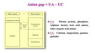 Anion gap = UA – UC
UA: Plasma protein, phosphate,
sulphate, lactate, keto acid anions,
other organic acid anions
UC: Calcium, magnesium, gamma-
globulin
 