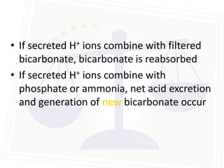 • If secreted H+ ions combine with filtered
  bicarbonate, bicarbonate is reabsorbed
• If secreted H+ ions combine with
  phosphate or ammonia, net acid excretion
  and generation of new bicarbonate occur
 