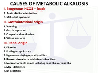 CAUSES OF METABOLIC ALKALOSIS
I. Exogenous HCO3 − loads
A. Acute alkali administration
B. Milk-alkali syndrome
II. Gastrointestinal origin
1. Vomiting
2. Gastric aspiration
3. Congenital chloridorrhea
4. Villous adenoma
III. Renal origin
1. Diuretics
2. Posthypercapnic state
3. Hypercalcemia/hypoparathyroidism
4. Recovery from lactic acidosis or ketoacidosis
5. Nonreabsorbable anions including penicillin, carbenicillin
6. Mg2+ deficiency
7. K+ depletion
 