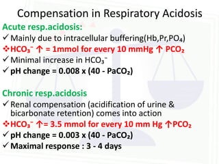 Compensation in Respiratory Acidosis
Acute resp.acidosis:
 Mainly due to intracellular buffering(Hb,Pr,PO₄)
HCO₃⁻ ↑ = 1mmol for every 10 mmHg ↑ PCO₂
 Minimal increase in HCO₃⁻
 pH change = 0.008 x (40 - PaCO₂)

Chronic resp.acidosis
 Renal compensation (acidification of urine &
  bicarbonate retention) comes into action
HCO₃⁻ ↑= 3.5 mmol for every 10 mm Hg ↑PCO₂
 pH change = 0.003 x (40 - PaCO₂)
 Maximal response : 3 - 4 days
 
