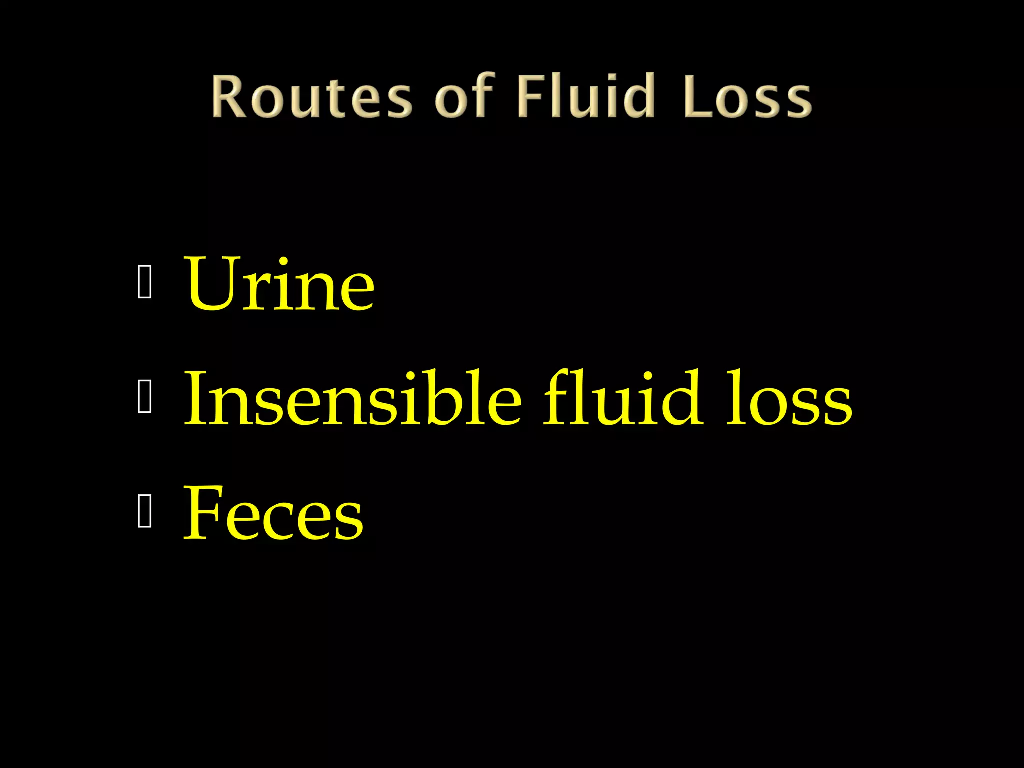 



Urine
Insensible fluid loss
Feces

 