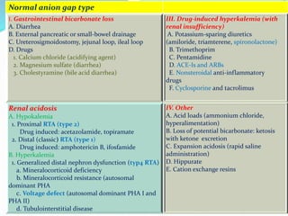 Normal anion gap type
I. Gastrointestinal bicarbonate loss
A. Diarrhea
B. External pancreatic or small-bowel drainage
C. Ureterosigmoidostomy, jejunal loop, ileal loop
D. Drugs
1. Calcium chloride (acidifying agent)
2. Magnesium sulfate (diarrhea)
3. Cholestyramine (bile acid diarrhea)
III. Drug-induced hyperkalemia (with
renal insufficiency)
A. Potassium-sparing diuretics
(amiloride, triamterene, spironolactone)
B. Trimethoprim
C. Pentamidine
D. ACE-Is and ARBs
E. Nonsteroidal anti-inflammatory
drugs
F. Cyclosporine and tacrolimus
Renal acidosis
A. Hypokalemia
1. Proximal RTA (type 2)
Drug induced: acetazolamide, topiramate
2. Distal (classic) RTA (type 1)
Drug induced: amphotericin B, ifosfamide
B. Hyperkalemia
1. Generalized distal nephron dysfunction (typ4 RTA)
a. Mineralocorticoid deficiency
b. Mineralocorticoid resistance (autosomal
dominant PHA
c. Voltage defect (autosomal dominant PHA I and
PHA II)
d. Tubulointerstitial disease
IV. Other
A. Acid loads (ammonium chloride,
hyperalimentation)
B. Loss of potential bicarbonate: ketosis
with ketone excretion
C. Expansion acidosis (rapid saline
administration)
D. Hippurate
E. Cation exchange resins
 