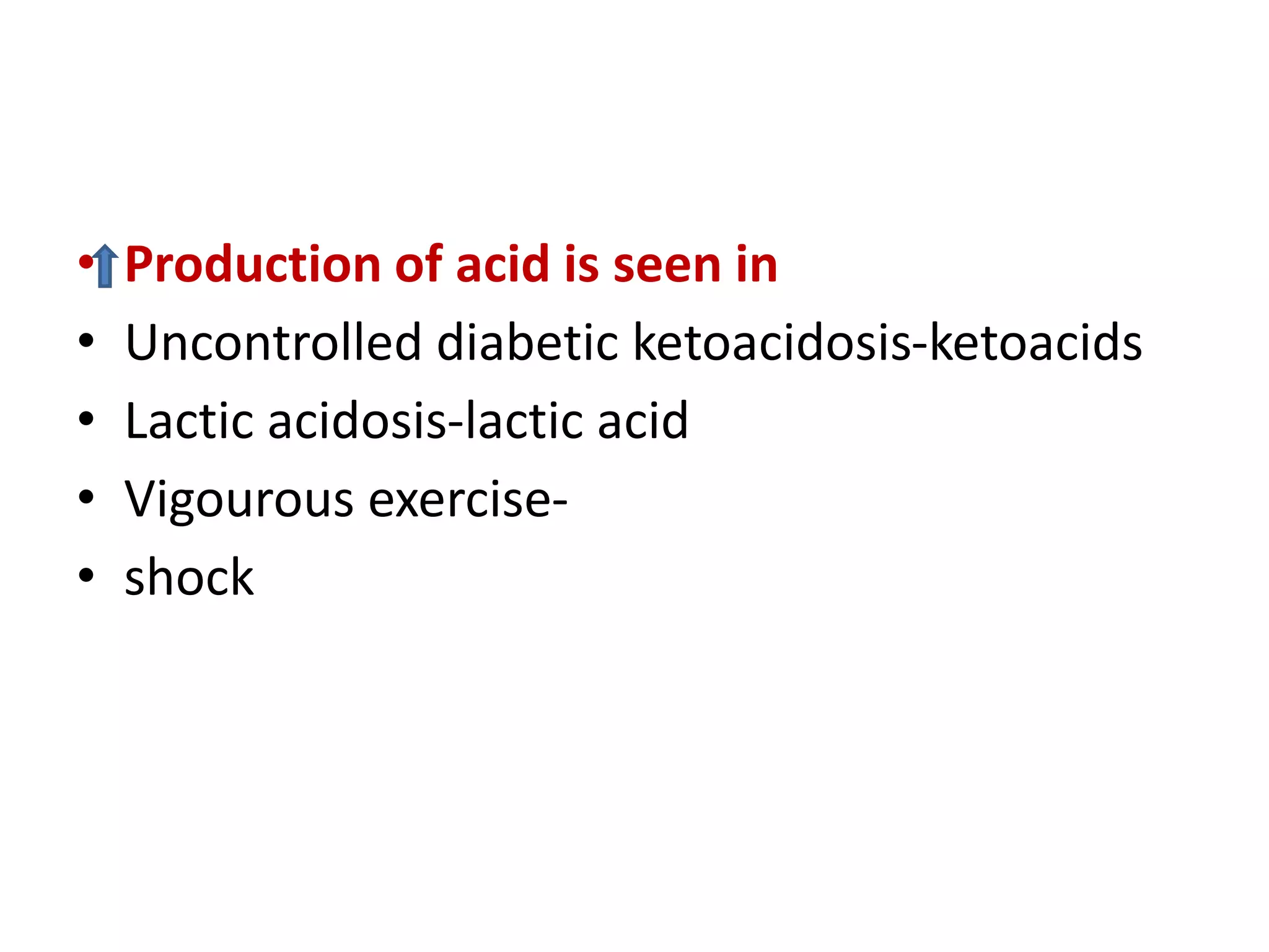 • Production of acid is seen in
• Uncontrolled diabetic ketoacidosis-ketoacids
• Lactic acidosis-lactic acid
• Vigourous exercise-
• shock
 