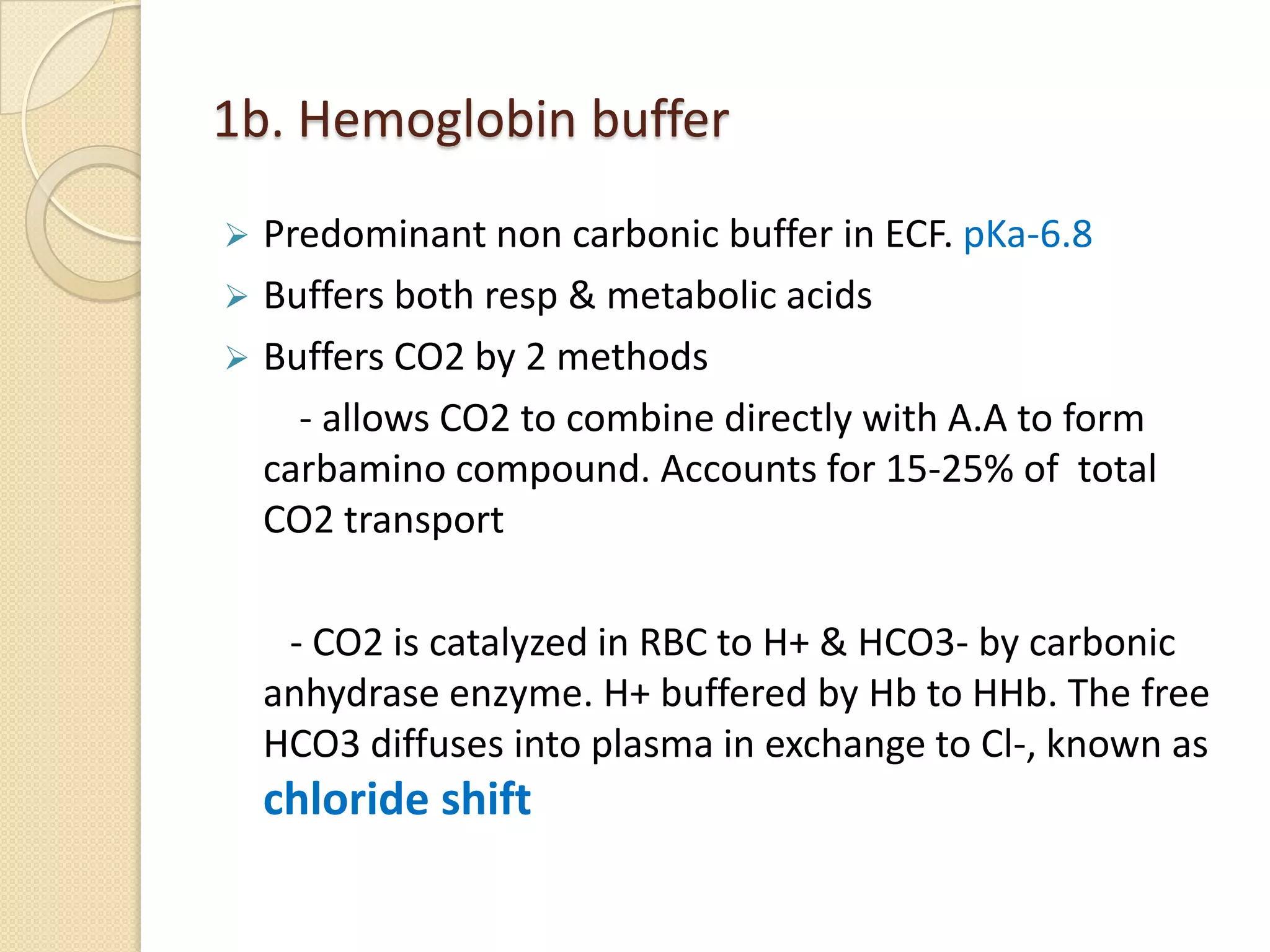 1b. Hemoglobin buffer
 Predominant non carbonic buffer in ECF. pKa-6.8
 Buffers both resp & metabolic acids
 Buffers CO2 by 2 methods
- allows CO2 to combine directly with A.A to form
carbamino compound. Accounts for 15-25% of total
CO2 transport
- CO2 is catalyzed in RBC to H+ & HCO3- by carbonic
anhydrase enzyme. H+ buffered by Hb to HHb. The free
HCO3 diffuses into plasma in exchange to Cl-, known as
chloride shift
 