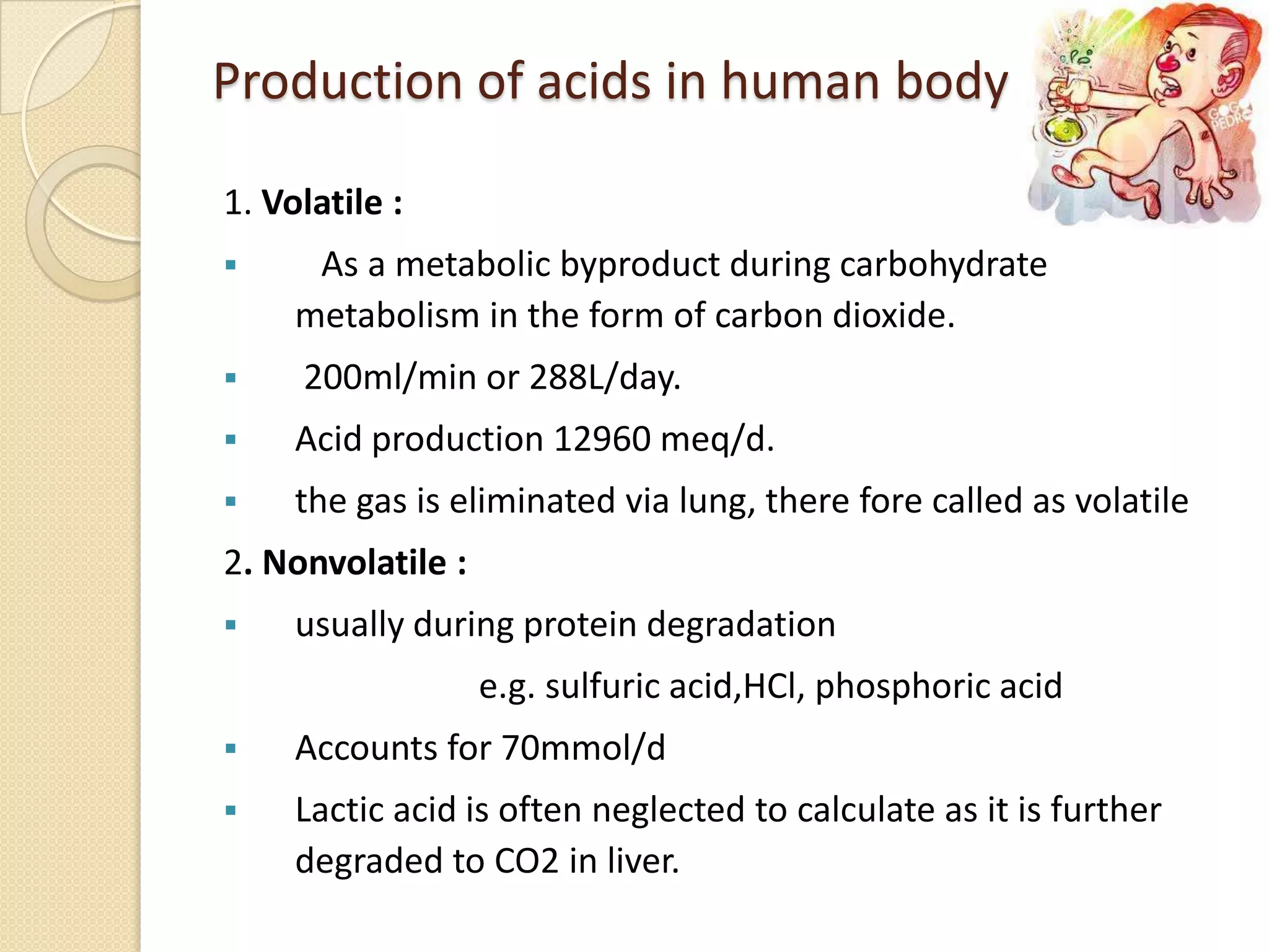 Production of acids in human body
1. Volatile :
 As a metabolic byproduct during carbohydrate
metabolism in the form of carbon dioxide.
 200ml/min or 288L/day.
 Acid production 12960 meq/d.
 the gas is eliminated via lung, there fore called as volatile
2. Nonvolatile :
 usually during protein degradation
e.g. sulfuric acid,HCl, phosphoric acid
 Accounts for 70mmol/d
 Lactic acid is often neglected to calculate as it is further
degraded to CO2 in liver.
 