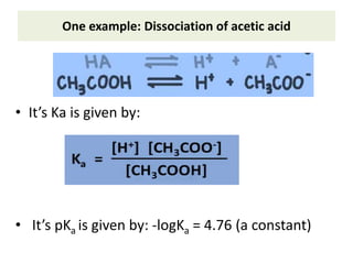One example: Dissociation of acetic acid
• It’s Ka is given by:
• It’s pKa is given by: -logKa = 4.76 (a constant)
 