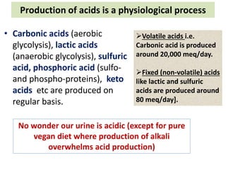 Production of acids is a physiological process
• Carbonic acids (aerobic
glycolysis), lactic acids
(anaerobic glycolysis), sulfuric
acid, phosphoric acid (sulfo-
and phospho-proteins), keto
acids etc are produced on
regular basis.
Volatile acids i.e.
Carbonic acid is produced
around 20,000 meq/day.
Fixed (non-volatile) acids
like lactic and sulfuric
acids are produced around
80 meq/day].
No wonder our urine is acidic (except for pure
vegan diet where production of alkali
overwhelms acid production)
 