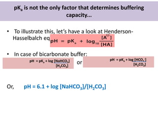 pKa is not the only factor that determines buffering
capacity...
• To illustrate this, let’s have a look at Henderson-
Hasselbalch equation again:
• In case of bicarbonate buffer:
or
Or, pH = 6.1 + log [NaHCO3]/[H2CO3]
pH = pKa + log [NaHCO3]
[H2CO3]
pH = pKa + log [HCO3
-]
[H2CO3]
 