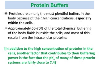 Protein Buffers
 Proteins are among the most plentiful buffers in the
body because of their high concentrations, especially
within the cells.
Approximately 60-70% of the total chemical buffering
of the body fluids is inside the cells, and most of this
results from the intracellular proteins.
[In addition to the high concentration of proteins in the
cells, another factor that contributes to their buffering
power is the fact that the pKa of many of these protein
systems are fairly close to 7.4]
 