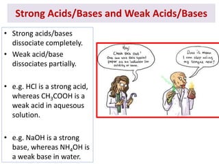 Strong Acids/Bases and Weak Acids/Bases
• Strong acids/bases
dissociate completely.
• Weak acid/base
dissociates partially.
• e.g. HCl is a strong acid,
whereas CH3COOH is a
weak acid in aquesous
solution.
• e.g. NaOH is a strong
base, whereas NH4OH is
a weak base in water.
 