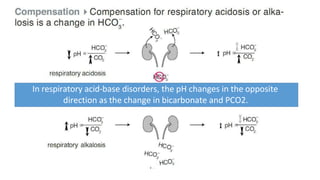 In respiratory acid-base disorders, the pH changes in the opposite
direction as the change in bicarbonate and PCO2.
 