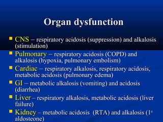 Organ dysfunction


CNS – respiratory acidosis (suppression) and alkalosis
(stimulation)







Pulmonary – respiratory acidosis (COPD) and

alkalosis (hypoxia, pulmonary embolism)
Cardiac – respiratory alkalosis, respiratory acidosis,
metabolic acidosis (pulmonary edema)
GI – metabolic alkalosis (vomiting) and acidosis
(diarrhea)
Liver – respiratory alkalosis, metabolic acidosis (liver
failure)
Kidney – metabolic acidosis (RTA) and alkalosis (1st
aldosteone)

 