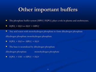 Other important buffers


The phosphate buffer system (HPO42-/H2PO4-) plays a role in plasma and erythrocytes.



H2PO4- + H2O ↔ H3O+ + HPO42-



Any acid reacts with monohydrogen phosphate to form dihydrogen phosphate

dihydrogen phosphate monohydrogen phosphate


H2PO4- + H2O ← HPO42- + H3O+



The base is neutralized by dihydrogen phosphate

dihydrogen phosphate


monohydrogen phosphate

H2PO4- + OH- → HPO42- + H3O+

6

 