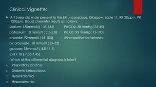 Clinical Vignette:
 A 15year old male present to the ER unconscious. Glasgow scale 11, RR 20cpm, PR
120bpm. Blood chemistry results as follows:
sodium: 130mmol/l( 135-145) PaCO2: 38 mmHg( 35-45)
potassium: 10 mmol/l ( 3.5-5.0) Pa O2: 95 mmHg( 75-100)
chloride: 92mmol/l ( 95-105) Urine positive for ketones
bicarbonate: 10 mmol/l ( 24-32)
glucose: 35mmol/l ( 5.5-11.1)
pH 7.10 ( 7.35-7.45)
Which of the differential diagnosis is false?
A. Respiratory acidosis
B. Diabetic ketoacidosis
C. Hyperkalemia
D. Hyponatremia
 