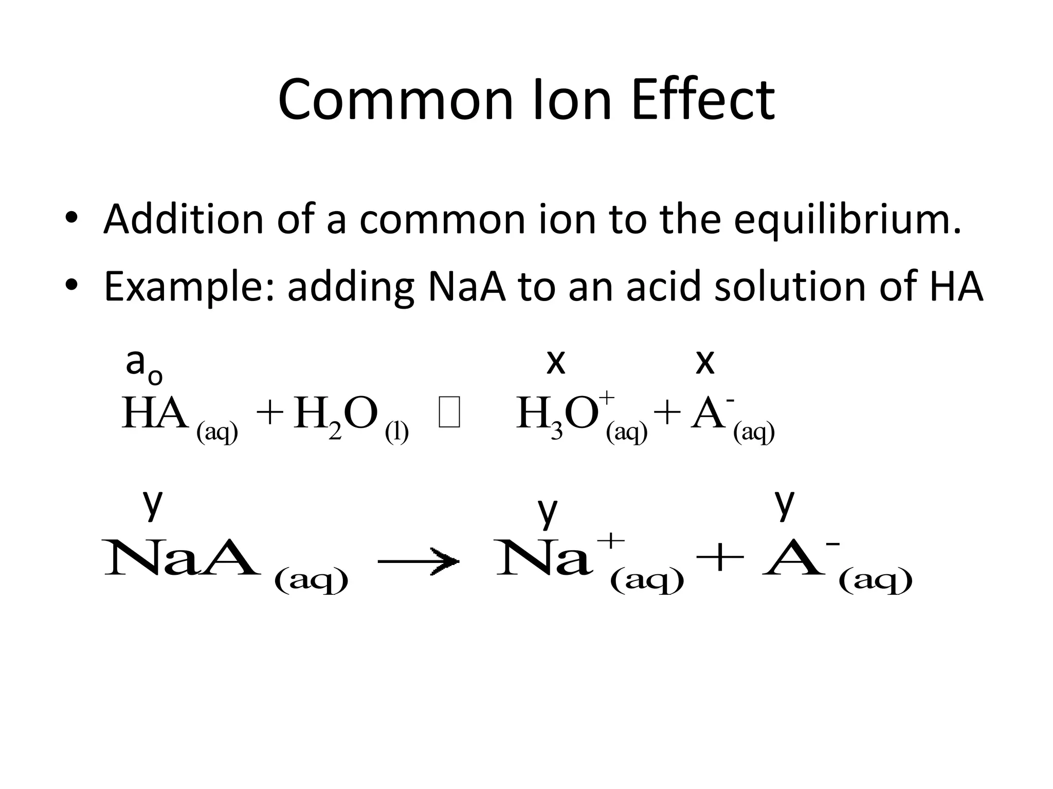 Common Ion EffectAddition of a common ion to the equilibrium.Example: adding NaA to an acid solution of HAaoxxyyy