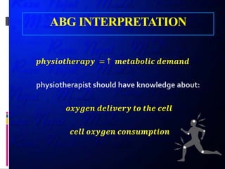 ABG INTERPRETATION
𝒑𝒑𝒑𝒑𝒑𝒑𝒑𝒑𝒑𝒑𝒑𝒑𝒑𝒑𝒑𝒑𝒑𝒑𝒑𝒑𝒑𝒑𝒑𝒑𝒑𝒑 = ↑ 𝒎𝒎𝒎𝒎𝒎𝒎𝒎𝒎𝒎𝒎𝒎𝒎𝒎𝒎𝒎𝒎𝒎𝒎 𝒅𝒅𝒅𝒅𝒅𝒅𝒅𝒅𝒅𝒅𝒅𝒅
physiotherapist should have knowledge about:
𝒐𝒐𝒐𝒐𝒐𝒐𝒐𝒐𝒐𝒐𝒐𝒐 𝒅𝒅𝒅𝒅𝒅𝒅𝒅𝒅𝒅𝒅𝒅𝒅𝒅𝒅𝒅𝒅 𝒕𝒕𝒕𝒕 𝒕𝒕𝒕𝒕𝒕𝒕 𝒄𝒄𝒄𝒄𝒄𝒄𝒄𝒄
𝒄𝒄𝒄𝒄𝒄𝒄𝒄𝒄 𝒐𝒐𝒐𝒐𝒐𝒐𝒐𝒐𝒐𝒐𝒐𝒐 𝒄𝒄𝒄𝒄𝒄𝒄𝒄𝒄𝒄𝒄𝒄𝒄𝒄𝒄𝒄𝒄𝒄𝒄𝒄𝒄𝒄𝒄
 