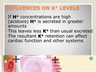 INFLUENCES ON K+ LEVELS 
 If H+ concentrations are high 
(acidosis) H+ is secreted in greater 
amounts 
 This leaves less K+ than usual excreted 
 The resultant K+ retention can affect 
cardiac function and other systems 
37 
K+ 
Na+ 
H+ 
 