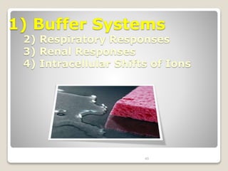 1) Buffer Systems 
2) Respiratory Responses 
3) Renal Responses 
4) Intracellular Shifts of Ions 
40 
 