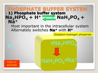 PHOSPHATE BUFFER SYSTEM 
 1) Phosphate buffer system 
Na2HPO4 + H+ NaH2PO4 + 
Na+ 
◦ Most important in the intracellular system 
◦ Alternately switches Na+ with H+ 
Disodium hydrogen phosphate 
H+ Na2HPO4 + 
+Na+ 
Click to NaH2PO4 
animate 
44 
 