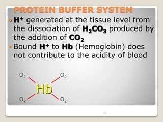 PROTEIN BUFFER SYSTEM 
 H+ generated at the tissue level from 
the dissociation of H2CO3 produced by 
the addition of CO2 
 Bound H+ to Hb (Hemoglobin) does 
not contribute to the acidity of blood 
51 
Hb 
O2 
O2 
O2 O2 
 