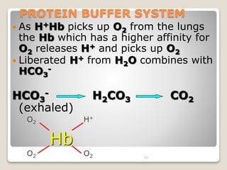 PROTEIN BUFFER SYSTEM 
 As H+Hb picks up O2 from the lungs 
the Hb which has a higher affinity for 
O2 releases H+ and picks up O2 
 Liberated H+ from H2O combines with 
HCO3 
- H2CO3 CO2 
52 
- 
HCO3 
(exhaled) 
Hb 
O2 
H+ 
O2 O2 
 