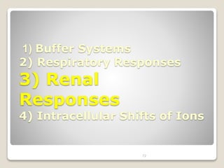1) Buffer Systems 
2) Respiratory Responses 
3) Renal 
Responses 
4) Intracellular Shifts of Ions 
72 
 
