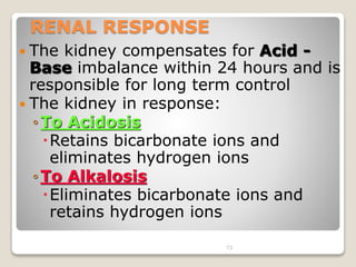 73 
RENAL RESPONSE 
 The kidney compensates for Acid - 
Base imbalance within 24 hours and is 
responsible for long term control 
 The kidney in response: 
◦To Acidosis 
Retains bicarbonate ions and 
eliminates hydrogen ions 
◦To Alkalosis 
Eliminates bicarbonate ions and 
retains hydrogen ions 
 