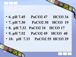 • 6. pH 7.45 PaCO2 47 HCO3 34
• 7. pH 7.30 PaCO2 30 HCO3 19
• 8. pH 7.32 PaCO2 34 HCO3 17
• 9. pH 7.52 PaCO2 49 HCO3 40
• 10. pH 7.33 PaCO2 55 HCO3 29
 