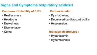 Signs and Symptoms respiratory acidosis
Decrease excitability of CNS:
• Restlessness
• Headache
• Drowsiness
• Disorientation
• Coma
Cardiovascular:
• Dysrhythmias,
• Decreased cardiac contractility
• Hypotension.
Increase electrolytes :
• Hyperkalemia
• Hypercalcemia
 