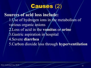 Marc Imhotep Cray, M.D.
Causes (2)
Sources of acid loss include:
1.Use of hydrogen ions in the metabolism of
various organic anions
2.Loss of acid in the vomitus or urine
3.Gastric aspiration in hospital
4.Severe diarrhea
5.Carbon dioxide loss through hyperventilation
11
 