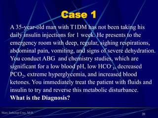 Marc Imhotep Cray, M.D.
Acid-Base Disorders via
Linkage cont’d.
20
 Fast and slow refer to compensatory efforts of lungs
or kidney in response to acidosis or alkalosis
 If primary illness is in ventilation causing respiratory
acidosis (high Pco2) or respiratory alkalosis (low Pco2),
kidney is slow meaning it takes 3 to 5 days for kidney to
retain or secrete bicarb. in an effort to keep pH close to
normal
contrastly,
 Lung can start its compensation in seconds to a minute
when there is a primary metabolic acid–base abnormality
For more detail and examples see:
Acid–Base Balance Linkage_pdf notes
 